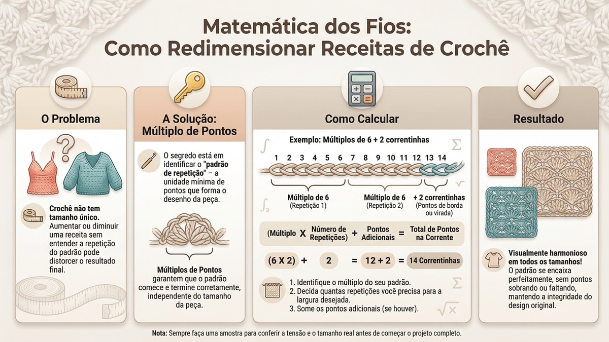 Infografico educativo em portugues sobre matematica dos fios e multiplos de pontos para redimensionar receitas de croche mostrando calculo e exemplos visuais