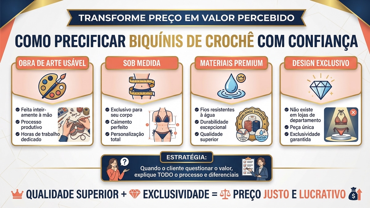 Infografico profissional em portugues sobre precificacao justa de biquinis de croche com 4 pilares de valor