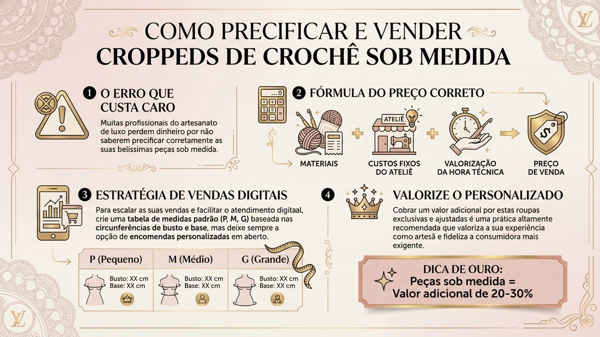 Infografico sobre precificacao e venda de croppeds de croche sob medida com formula de calculo e estrategias de vendas