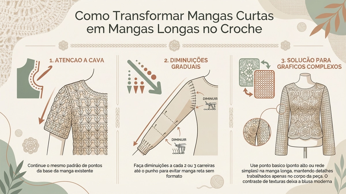 Infografico educativo sobre como transformar blusas de croche de manga curta em manga longa com tres secoes explicativas e design moderno