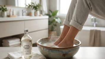 Lavando os pés em casa com água morna e vinagre branco
