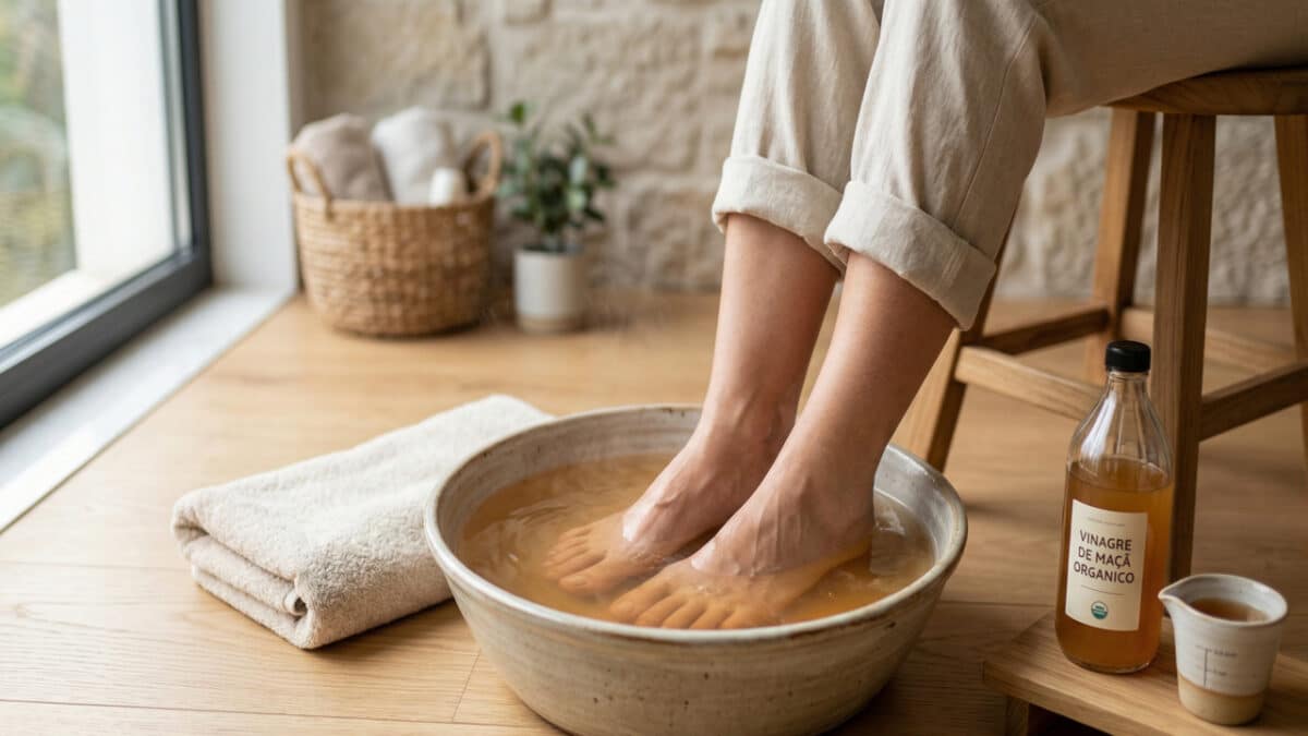 Lavando os pés em casa com água morna e vinagre de maça
