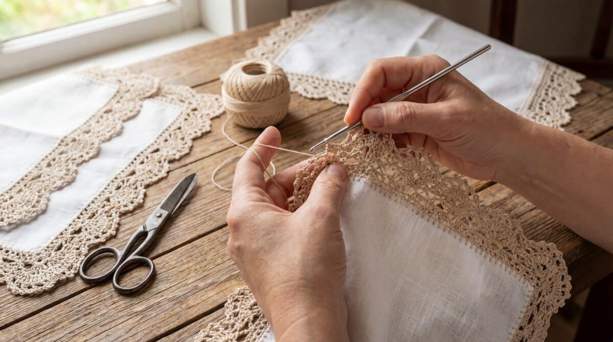 Mãos Crochetando Bico Toalha Artesanal