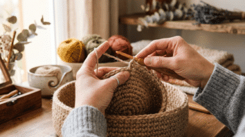 Mãos Crochetando Cesto em Fio de Malha