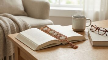 Marca paginas de croche artesanal em livro aberto sobre mesa de madeira em ambiente aconchegante de leitura com luz natural
