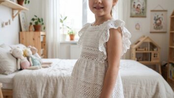 Menina sorrindo usando vestido de croche branco em quarto infantil decorado com elementos delicados e brinquedos