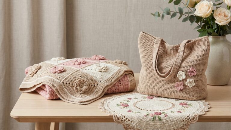 Mesa decorativa com bolsa manta e centro de mesa de croche com flores em tons bege rosa e off white sobre madeira clara