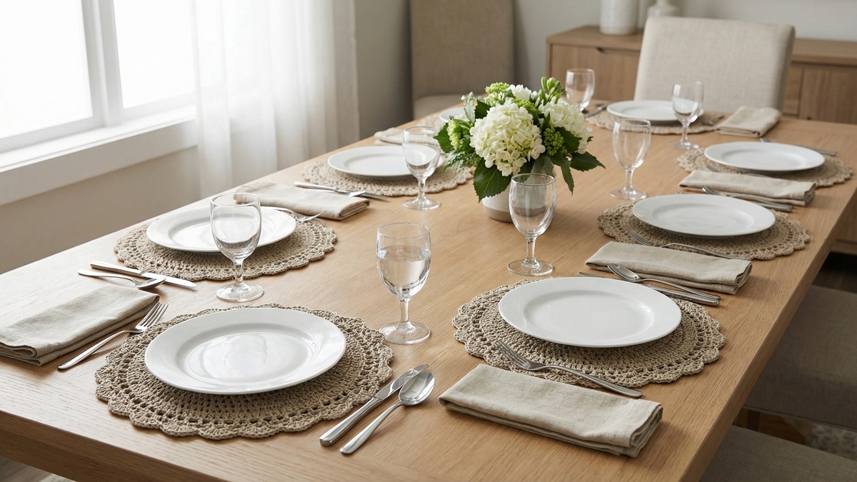 Mesa de jantar posta com sousplat de croche artesanal elegante, pratos brancos, talheres e tacas em ambiente sofisticado