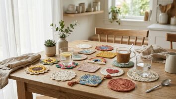 Mesa de jantar com porta-copos de croche artesanal em diferentes modelos e tons neutros, com copos de vidro apoiados sobre as pecas