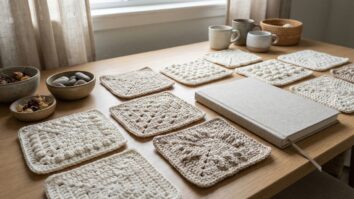 Mesa de trabalho criativa com amostras de pontos de croche em tons neutros sobre madeira clara com caderno