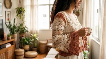Mulher sorrindo usando blusa de croche moderna em ambiente interno com decoracao brasileira elegante