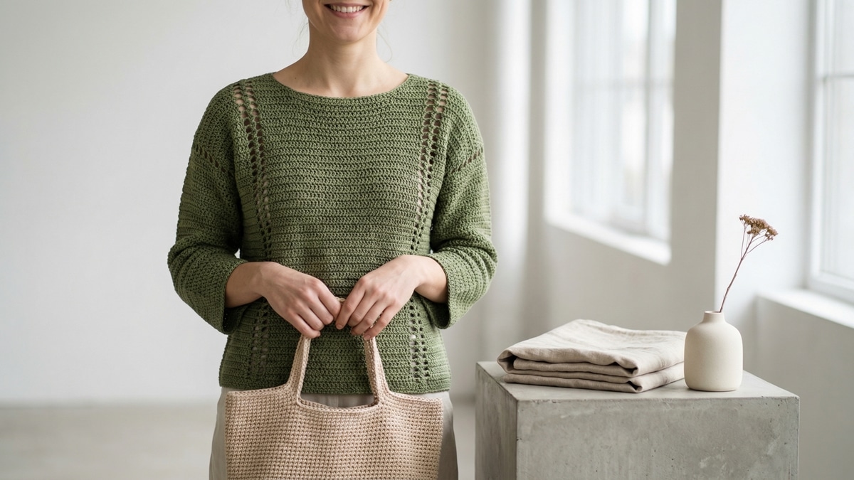 Mulher em estudio minimalista usando blusa de croche moderna verde musgo com bolsa artesanal e elementos decorativos