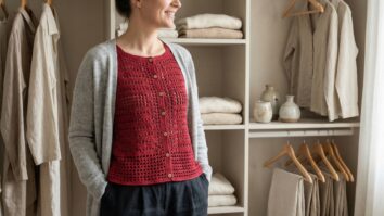 Mulher usando blusa de croche artesanal vermelha em closet feminino elegante com acessorios discretos e estilo moderno
