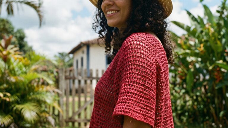 Mulher em ambiente externo brasileiro usando blusa de croche artesanal vermelha com trama leve e delicada