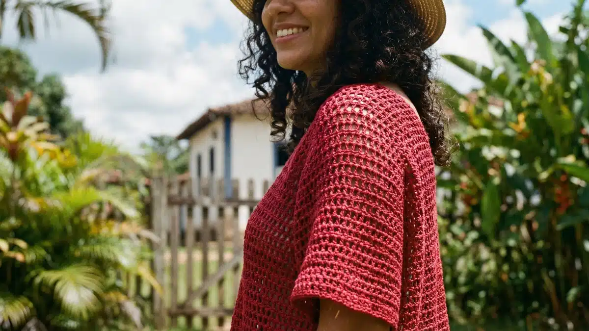 Mulher em ambiente externo brasileiro usando blusa de croche artesanal vermelha com trama leve e delicada