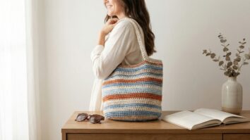 Mulher sorrindo com bolsa de croche artesanal moderna em ambiente minimalista com oculos de sol e elementos decorativos