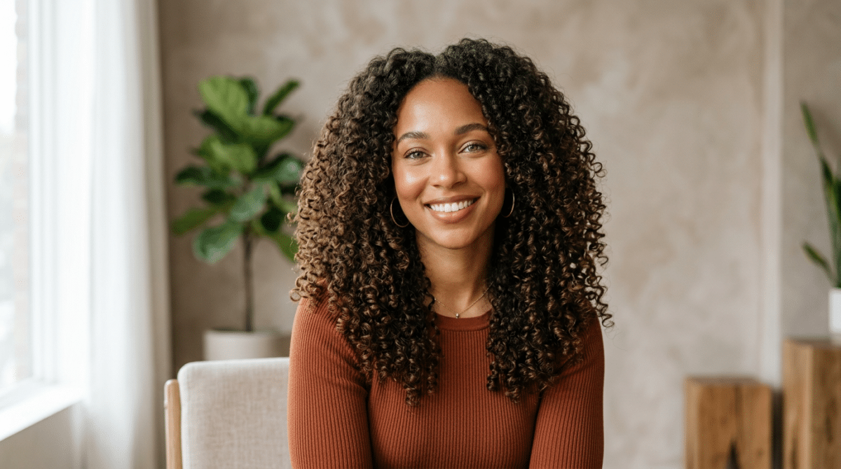 Mulher com cabelo cacheado hidratado