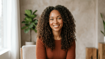 Mulher com cabelo cacheado hidratado