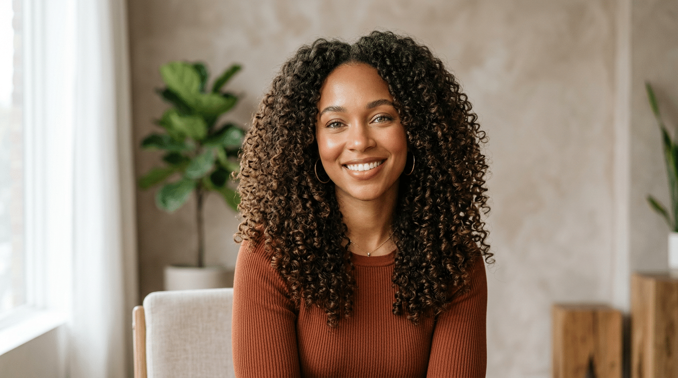 Mulher com cabelo cacheado hidratado