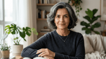 Mulher grisalha com cabelo escurecido com produtos naturais