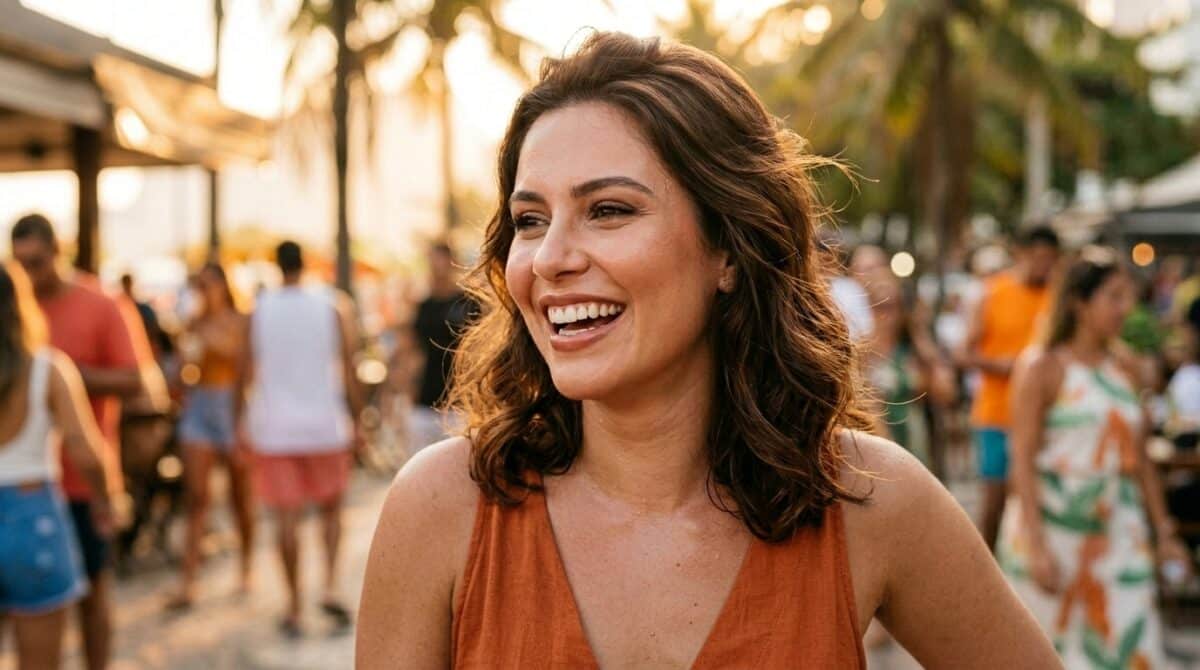 Mulher sorrindo em clima de calor