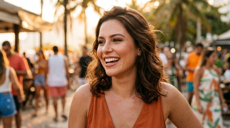 Mulher sorrindo em clima de calor