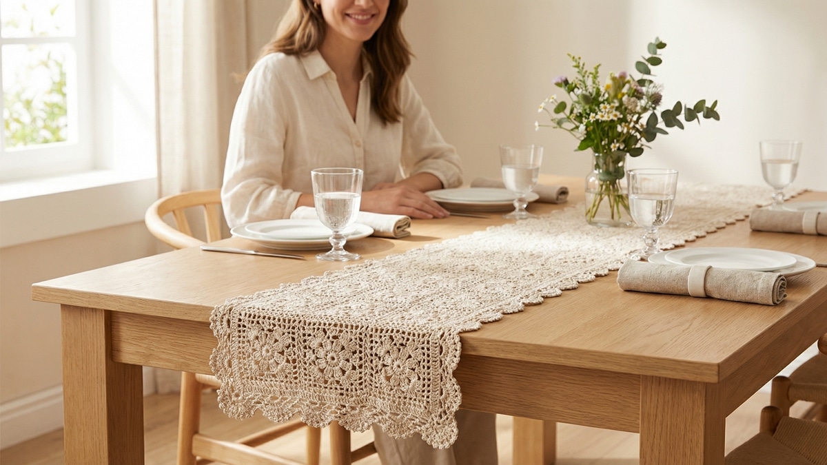 Mulher em sala de jantar com mesa decorada com caminho de mesa de croche bege claro e arranjo de flores naturais