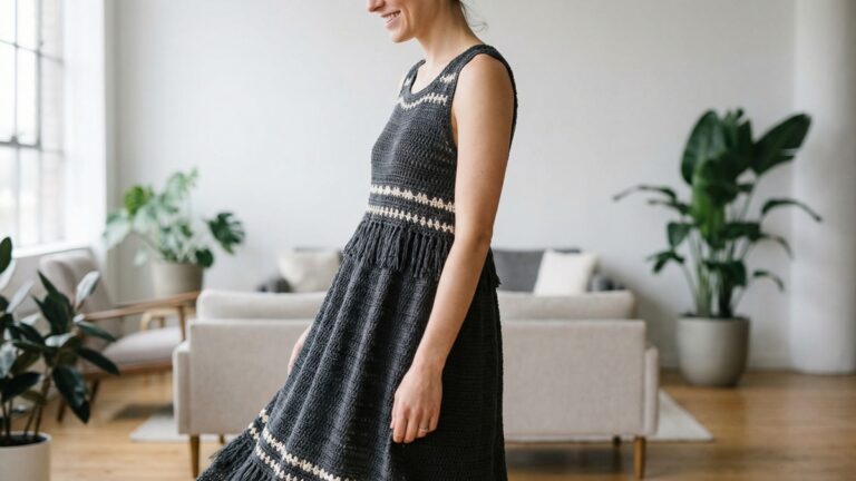 Mulher sorrindo usando vestido de croche escuro com detalhes claros em ambiente contemporaneo elegante