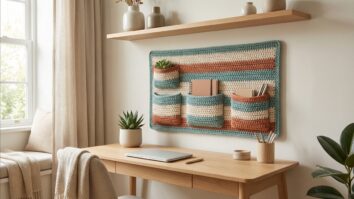 Painel organizador de croche artesanal fixado na parede com bolsos estruturados em ambiente organizado tipo home office com luz natural