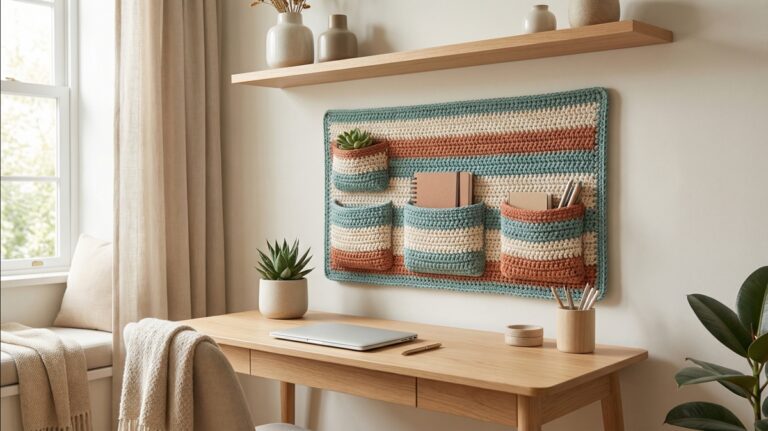 Painel organizador de croche artesanal fixado na parede com bolsos estruturados em ambiente organizado tipo home office com luz natural