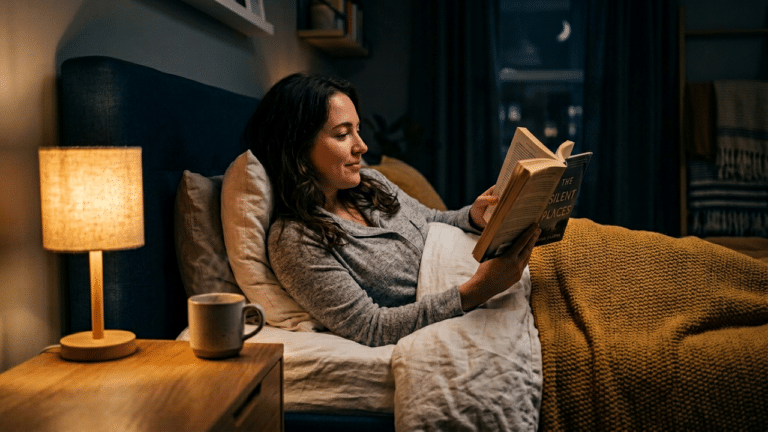 essoa lendo um livro na cama com luz baixa