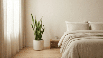 Planta posicionada ao lado de cama no quarto de casa para filtrar o ar enquanto o sono acontece