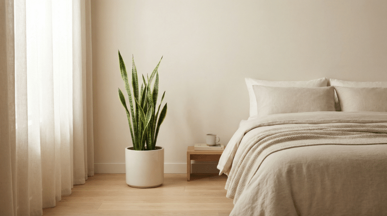 Planta posicionada ao lado de cama no quarto de casa para filtrar o ar enquanto o sono acontece