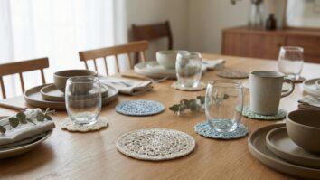 Mesa posta com porta-copos de croche artesanal em diferentes cores sob copos de vidro, louca neutra e detalhes em madeira clara