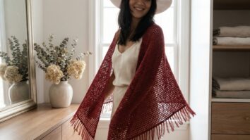 Mulher usando xale de croche vermelho em ambiente sofisticado de quarto com luz natural e decoracao feminina