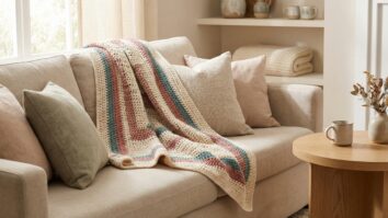 Sala de estar aconchegante com manta de croche em cores charmosas sobre sofa de linho neutro