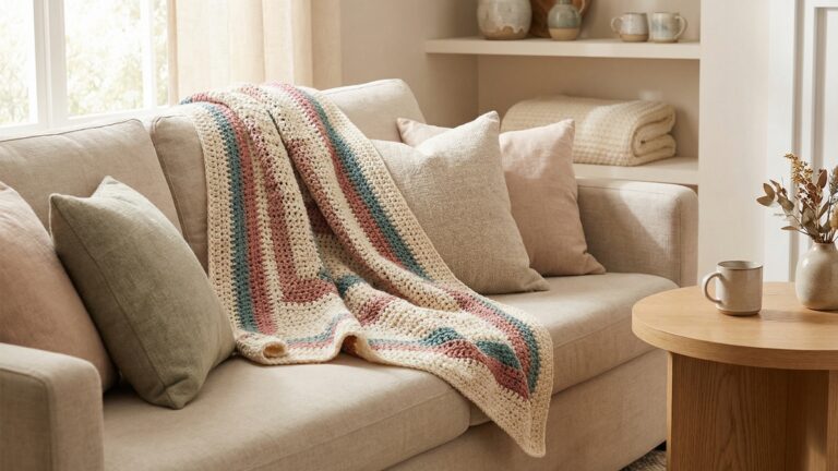 Sala de estar aconchegante com manta de croche em cores charmosas sobre sofa de linho neutro