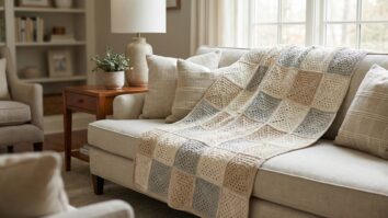 Sala de estar com manta de croche de squares em tons elegantes sobre sofa claro com almofadas e mesa lateral