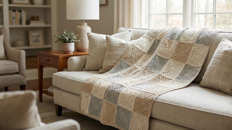 Sala de estar com manta de croche de squares em tons elegantes sobre sofa claro com almofadas e mesa lateral