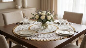 Mesa de jantar com centro de mesa redondo de croche branco com detalhes dourados, loucas refinadas e arranjo floral em cena continua