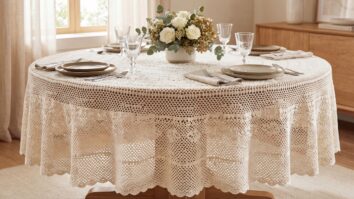 Mesa de jantar completamente coberta com toalha de croche off-white, loucas neutras e arranjo floral delicado