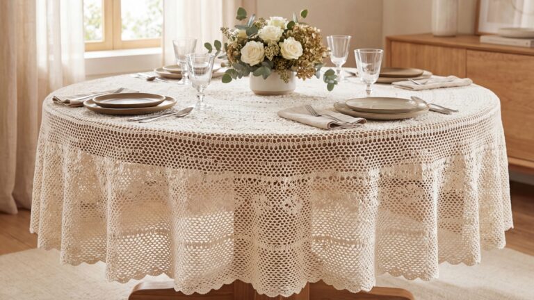 Mesa de jantar completamente coberta com toalha de croche off-white, loucas neutras e arranjo floral delicado