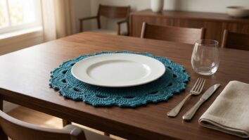 Sousplat de croche circular azul petroleo com bordas ornamentadas sobre mesa posta elegante com prato branco e decoracao sofisticada