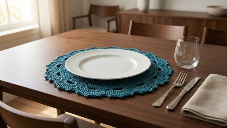 Sousplat de croche circular azul petroleo com bordas ornamentadas sobre mesa posta elegante com prato branco e decoracao sofisticada