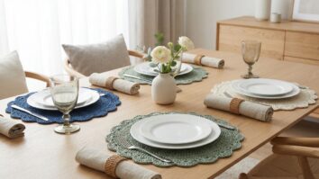 Mesa posta elegante em sala de jantar contemporanea com sousplats de croche artesanal sob pratos de porcelana branca e decoracao refinada