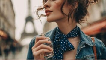 Mulher com frasco de perfume na mão
