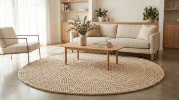 Sala de estar contemporanea com tapete grande de croche bege artesanal no centro, sofa de linho claro e decoracao minimalista