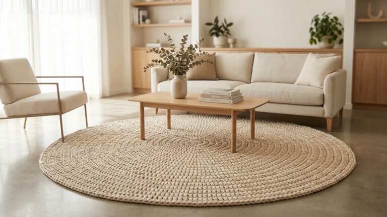 Sala de estar contemporanea com tapete grande de croche bege artesanal no centro, sofa de linho claro e decoracao minimalista