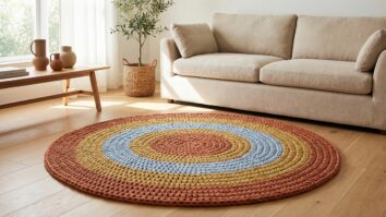 Sala de estar aconchegante com tapete de croche artesanal em cores vibrantes sobre piso de madeira clara com sofa neutro