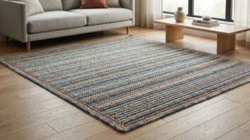 Tapete de croche artesanal em cores elegantes sobre piso de madeira em sala de estar contemporanea com sofa neutro e luz natural